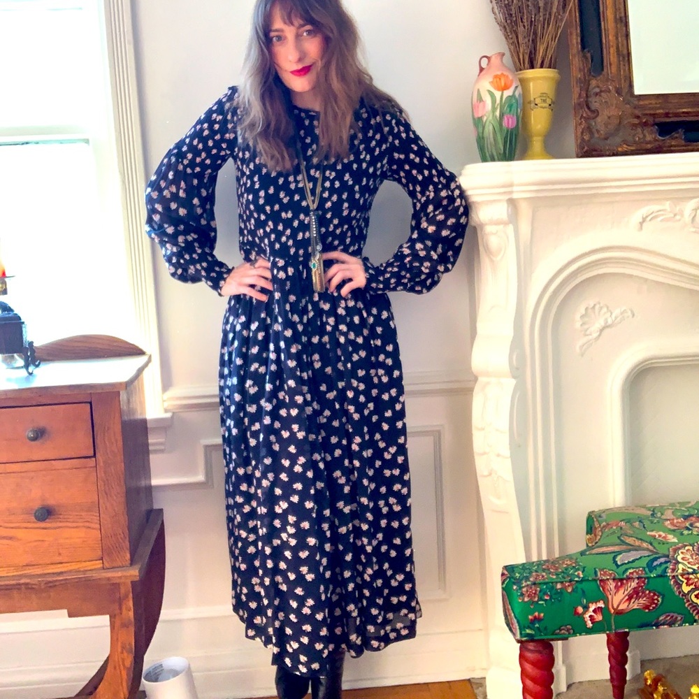 GANNI Rometty Georgette Black Floral MIDI Dress 36